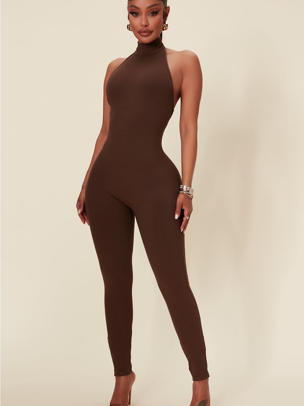 Fashion Nova Brown Ribbed Mock Neck Jumpsuit